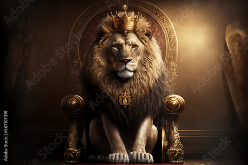 Majestic lion king wearing golden crown sitting on the wooden throne