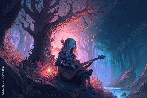 a bard playing guitar in fairy wood, idea for fantasy and fairytale background wallpaper, generative ai 