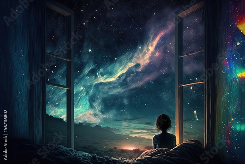 a kid watching out at big window open to galaxy sky, midnight time, idea for imagination and dream concept, Generative Ai