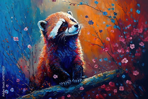 illustration of cute animal smile face in spring flower gardens, idea for children room wall decor or animal wallpaper, red panda cub, generative Ai