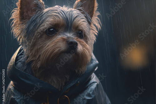 AI yorkshire terrier wearing a raincoat in the rain - Generative AI