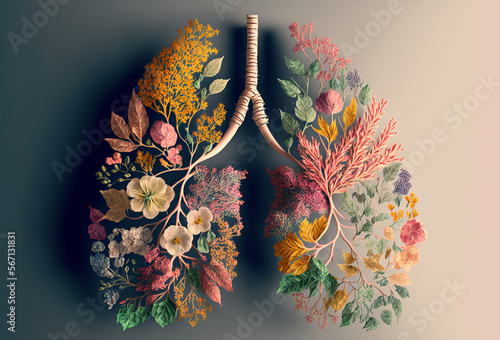 Lungs made from flowers and nature. Air pollution concept. Generative ai