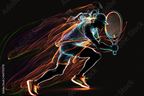 Tennis player created from neon lights in motion. Generative Ai. 