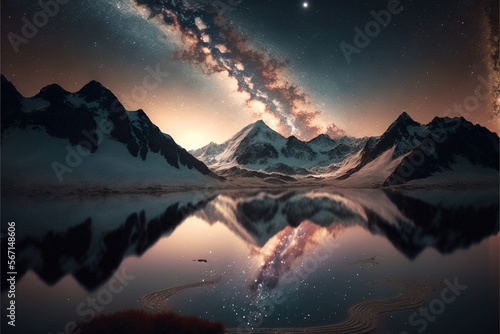  a mountain range with a reflection of the sky in the water and a star filled sky in the distance with a bright star in the middle of the sky. generative ai
