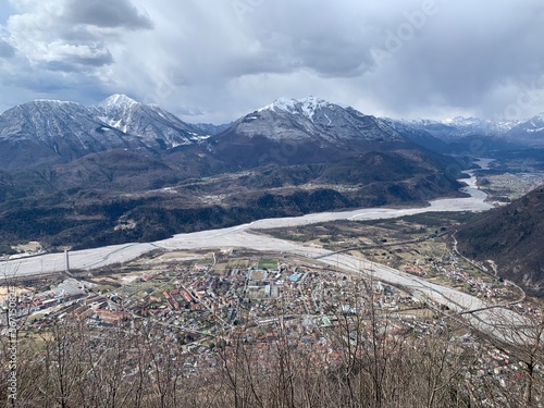 Aerial view of the city of Tolmezzo, Friuli Venezia Giulia, Italy. 