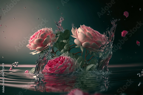 close-up of pink roses with splashing water, ai generated