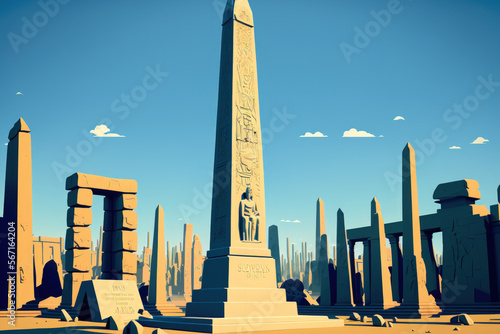 Large, towering ancient Egyptian obelisk in Luxor's Temple of Karnak, with carvings of hieroglyphs against a background of the blue sky. Generative AI