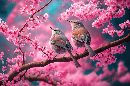 Birds chirping and flitting amongst a sea of pink cherry blossoms, generative ai