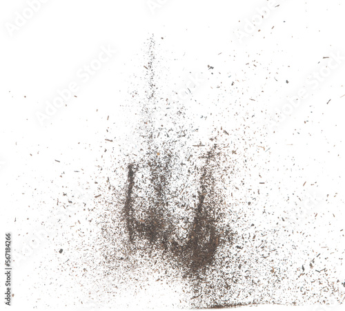 Black dried leave Tea explode. Small Fine size tea leaf flying explosion, Abstract cloud fly. Brown colored Teas splash throwing in Air. White background Isolated high speed shutter, throwing freeze