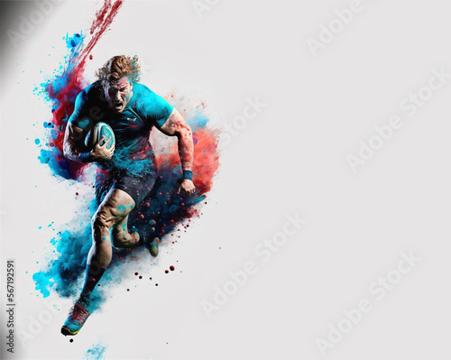 Rugby sport player colorful splash horizontal banner on white illustration with copy space. Generative AI graphic