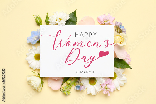 Beautiful greeting card for International Women's Day with spring flowers