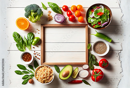 Healthy lunch food frame. Table scene with nutritious Buddha bowl, salad, lettuce wraps, vegetables and sandwiches. Top view over a white wood background.
