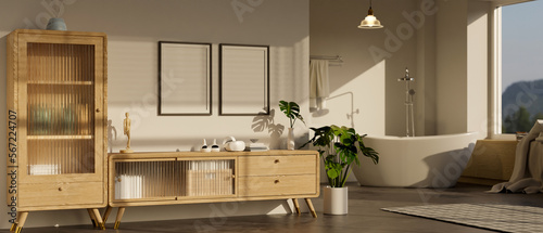 Modern luxury and comfortable spacious bathroom with modern bathtub and home decor