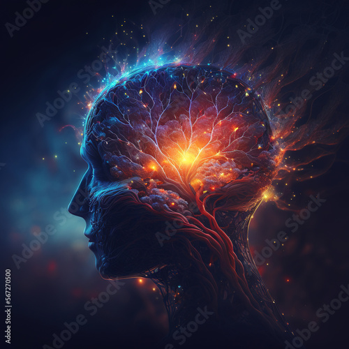 a human head with a glowing brain and a glowing brain map in the middle of it's head, with a black background and a blue hued out area. generative ai