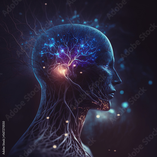 a human head with a glowing brain and a glowing brain map in the middle of it's head, with a black background and a blue hued out area. generative ai