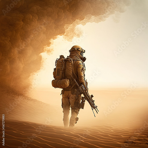 alone soldier in the desert, during a sandstorm, generative AI