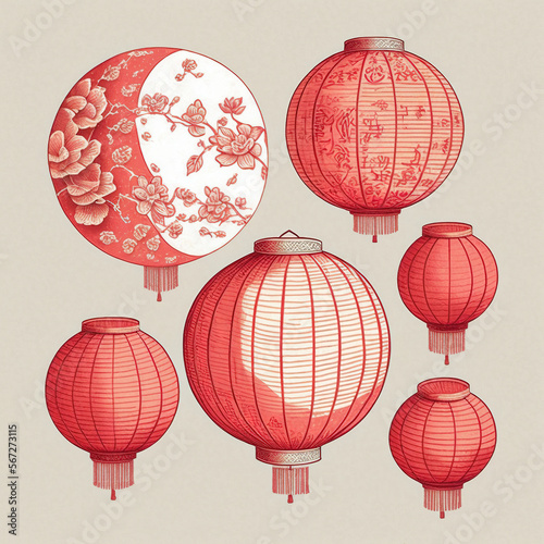 Chinese paper lanterns, drawing, generative AI