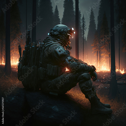 Soldier with an assault rifle and tactical gear, sitting near a campfire in a forest, very dark night, Generative AI