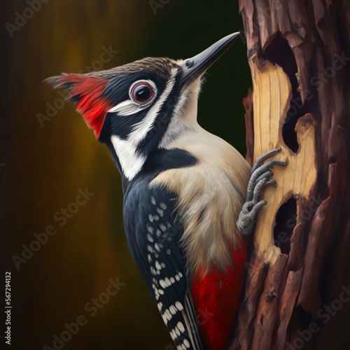 Woodpecker. Greater spotted woodpecker. Generative AI.