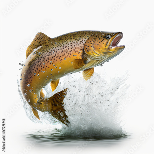 leaping brown trout, white background