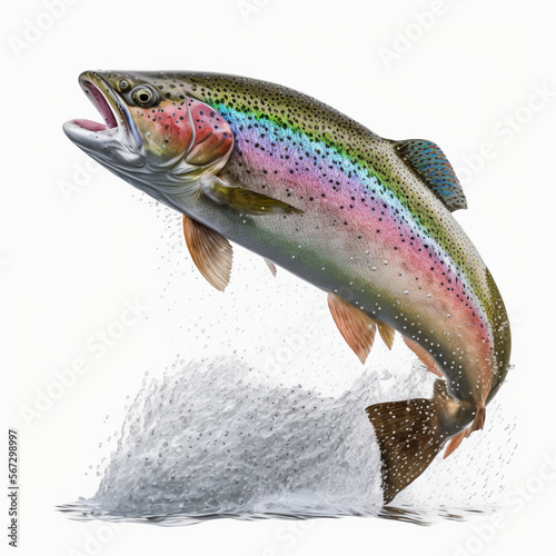 leaping rainbow trout, white background, generated by IA