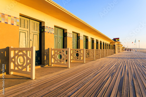 The famous beach cabins of the promenade des Planches in Deauville. Normandy, France.