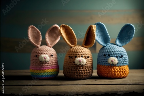 Easter eggs in crochet hats with bunny ears, generative ai