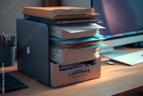 pile de dossiers en attente posés sur un bureau près d'un ordinateur - illustration ia