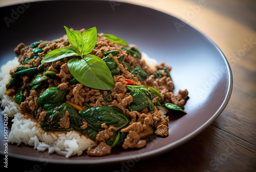 close up traditional Thai cuisine dish, Pad Kra Pao, stir-fried basil with minced meat, Generative Ai 