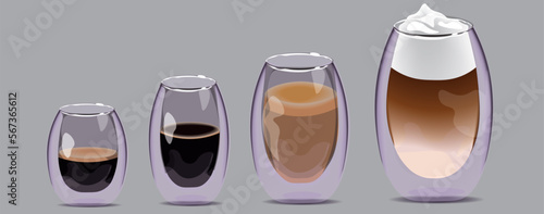 vector illustration of the set of glasses with various types of coffee: espresso, americano, latte and cappuccino isolated on the grey background.