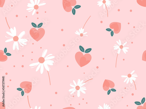 seamless pattern with heart shaped peach and daisy flower on pink background vector illustration. Cute fruit print.