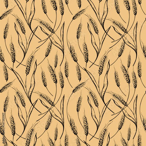 Cute seamless repeating pattern with ears of wheat on a beige background. Floral ornament with a grain ear of wheat. Drawn by hand.