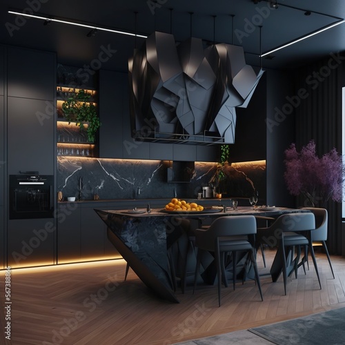 Modern contemporary luxury interior design, a combination of dark wall color and furniture . 3d rendering of the dining room, generative AI