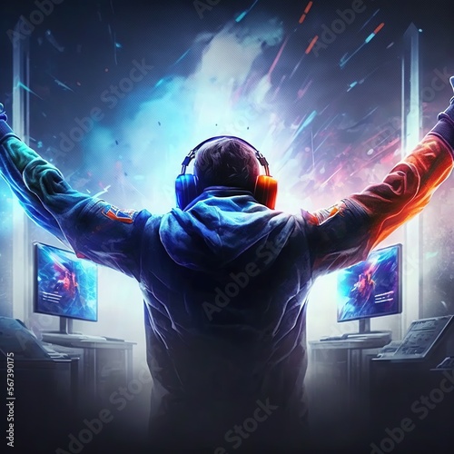 Professional eSports gamer rejoices in the victory in red blue illuminated game room, the winner, the joy of winning, generative AI, 