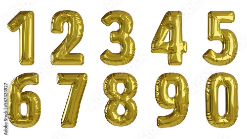 Balões numéricos um dois três quatro cinco seis sete oito nove zero na cor dourada sem fundo