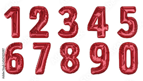 Balões numéricos um dois três quatro cinco seis sete oito nove zero na cor vermelha sem fundo 