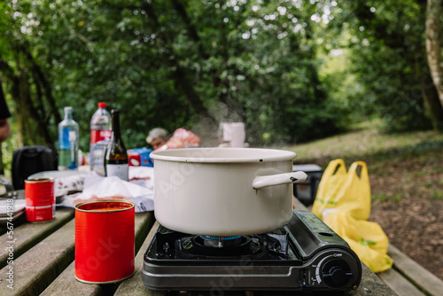 macaroni boiling in the casserole in a gas camping site