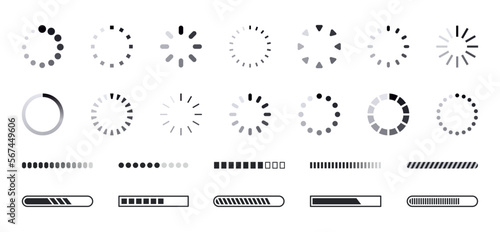 Loading icon set. Load circle icons. Download indicator sign. Progress loading bar. Upload symbol. Loader icon. Vector illustration.