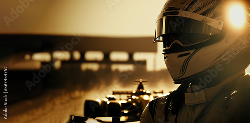 formula one racing driver stands before start of competition on track. Banner with copy space, digital ai art 
