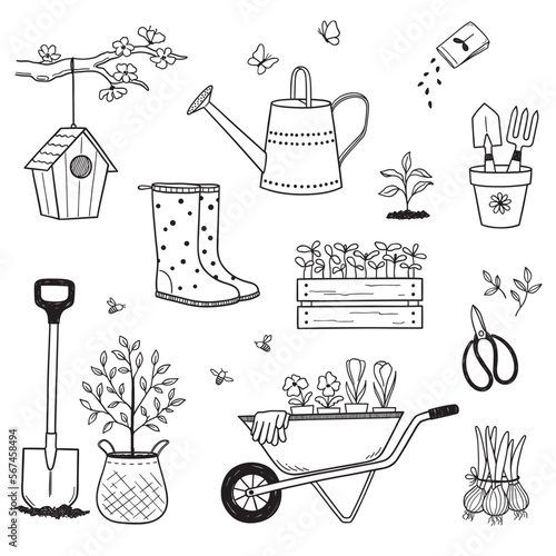 Set of spring gardening design elements in doodle style
