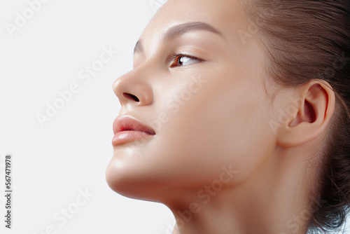 Face of young beautiful woman in closeup. Clear skin, nude makeup