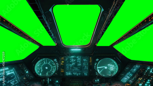 view from cockpit of spaceship, pilot view from starship shuttle green screen new quality universal colorful joyfultechnology travel stock image illustration design, generative ai