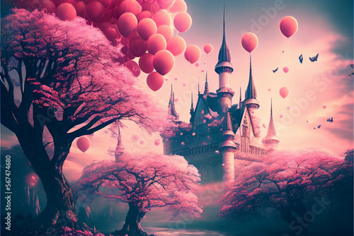 Fairy tale castle path among pink baloons, dream, surrealistic