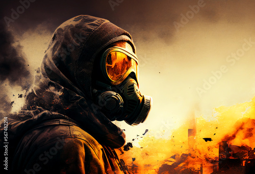 Gas mask on man during explosion. Chemical weapons against civil, destruction of houses and buildings. nuclear war concept. Nuclear explosion as a  radioactivity result of world military conflict. AI 