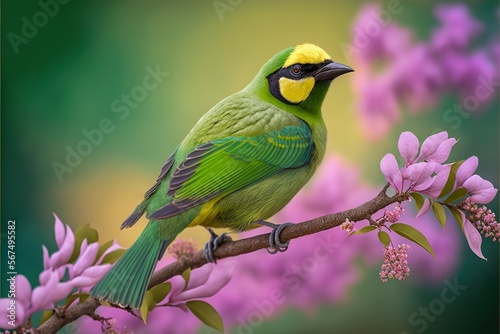  a green and yellow bird sitting on a branch of a tree with pink flowers in the background and a blurry background of green and yellow. generative ai