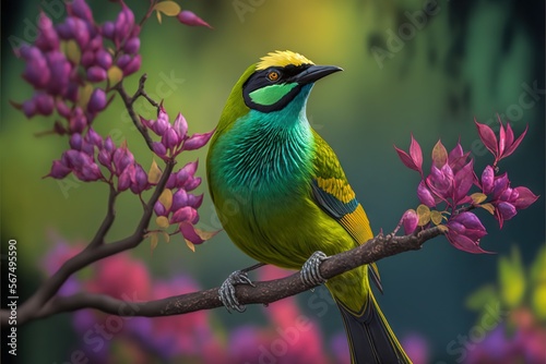  a colorful bird perched on a branch of a tree with purple flowers in the background and a green and yellow bird with a black beak. generative ai