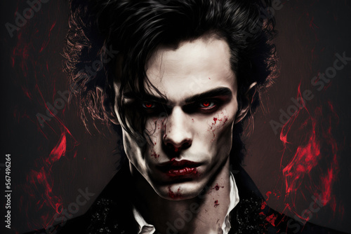 A portrait of an attractive vampire with red eyes who is covered in blood. Created with Generative AI, no one recognisable. Not a real person.