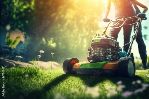  a man mowing the grass with a lawnmower in the foreground of the picture, with the sun shining on the grass behind him. generative ai