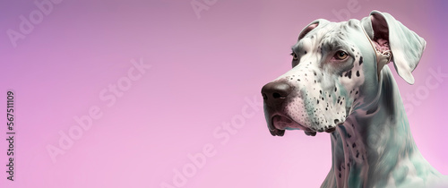 close up of a Great danes dog with a pink pastel background. Dog fashion photo. Generative AI