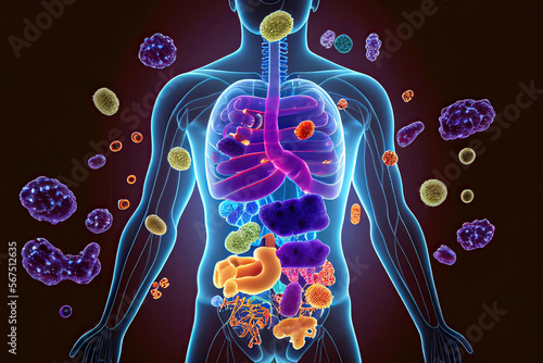 Immune system, protection against viruses and bacterias. Different shapes bacterias and virus cells near person silhouette. Created with generative ai